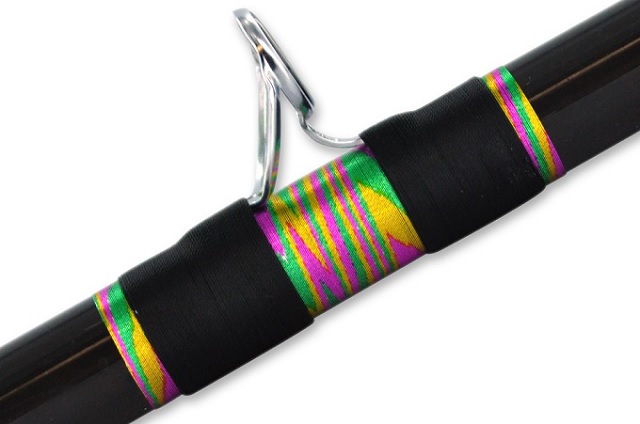 Create unique patterns by applying varying tension to the thread while wrapping your rod!