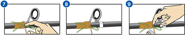 Replacing a guide on your broken fishing rod. Steps 6 through 9.